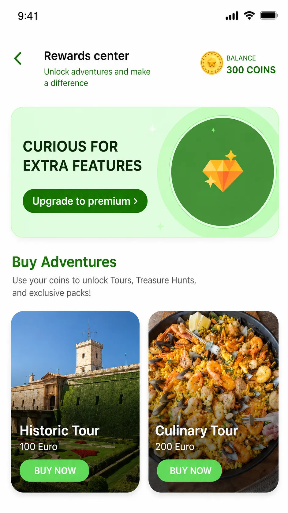 Adventours Rewards Center screen showing coin balance, premium upgrade, and purchasable adventures.