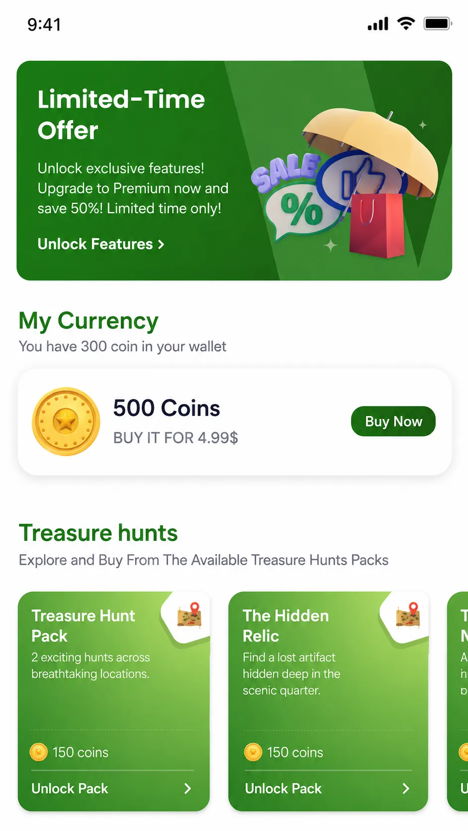 Adventours wallet and treasure hunt pack screen showing coin purchase, limited-time offer, and unlockable hunt packs.