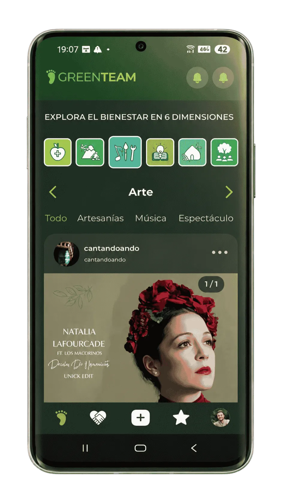 Green Team mobile app community feed showing local conscious projects and businesses to discover and join.