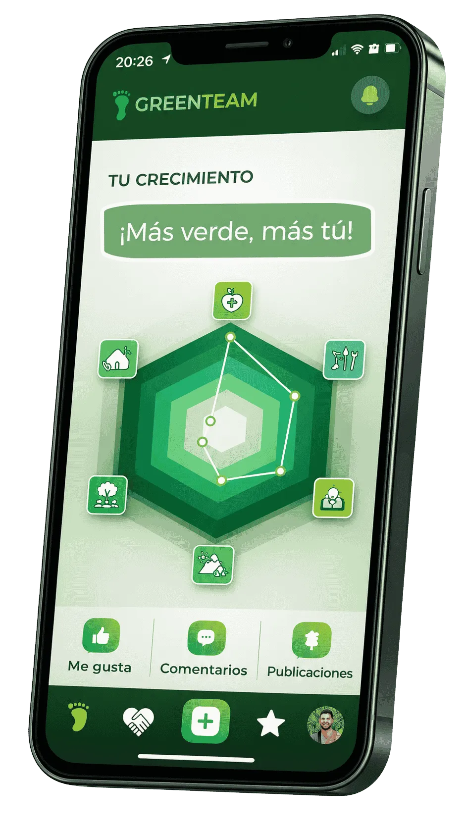 Green Team mobile app growth screen showing the sustainability and wellbeing dimensions for category-based discovery.