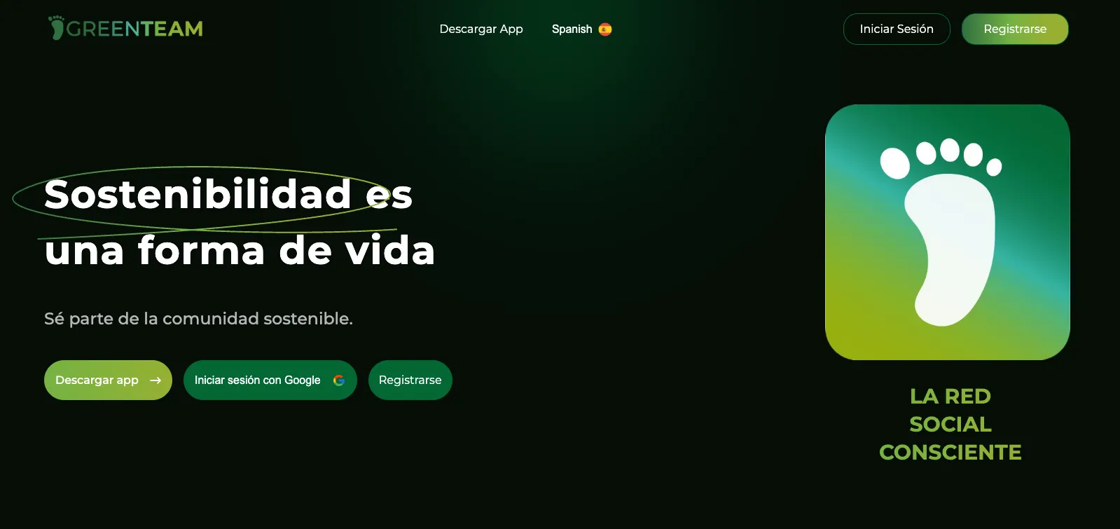 Green Team website front door inside a browser frame, explaining the conscious social network and inviting free registration.